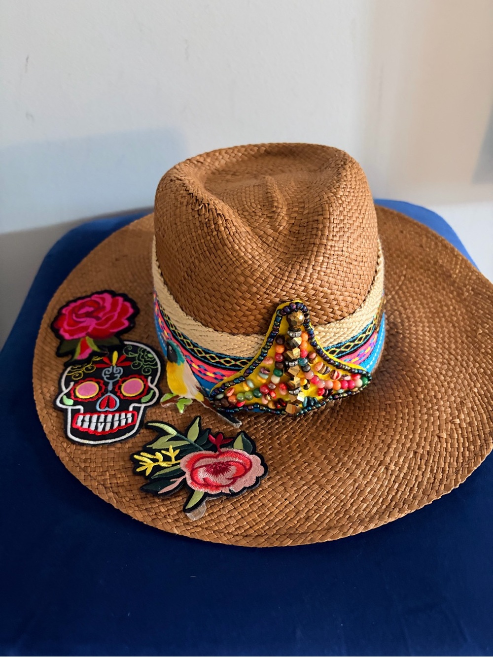 Embellished Straw Fedora Hat with Colorful Beaded Band - Brown